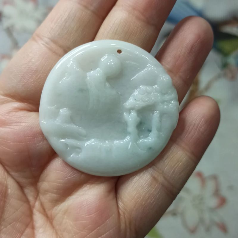 天然翡翠吊坠山水牌飘花圆牌