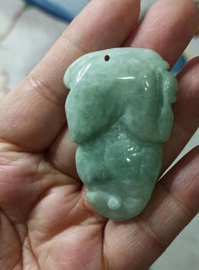 373缅甸天然翡翠吊坠雕刻件手把件飘花蝙蝠如意福瓜福寿卡48X31mm