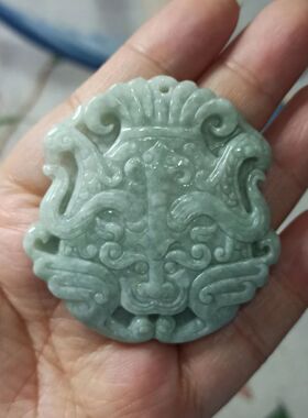 205天然翡翠吊坠雕刻仿古福牌挂牌福寿纹如意兽牌卡52X50mm左右