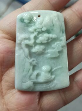 242缅甸天然翡翠吊坠山水牌挂件淡绿飘花卡51X35mm左右玉佩牌微瑕