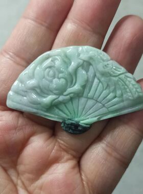 152缅甸天然翡翠吊坠飘花凤穿牡丹扇子牌卡51X32mm左右满48元包邮
