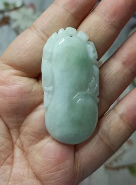 272缅甸天然翡翠吊坠雕刻件手把件飘花貔貅如意福瓜福寿卡51X25mm