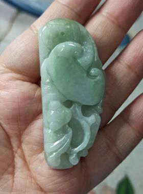 254缅甸天然翡翠吊坠雕刻件手把件飘花蝙蝠如意葫芦福寿卡60X26mm