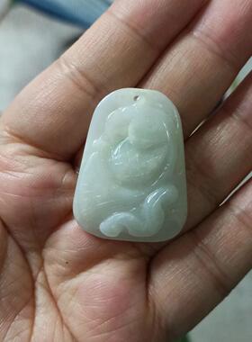 378缅甸天然翡翠吊坠绿底飘花荷叶鱼年年有余如意鱼卡33X25mm左右