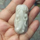 115缅甸天然翡翠吊坠雕刻手把件人参人生如意白底卡473X21mm微瑕