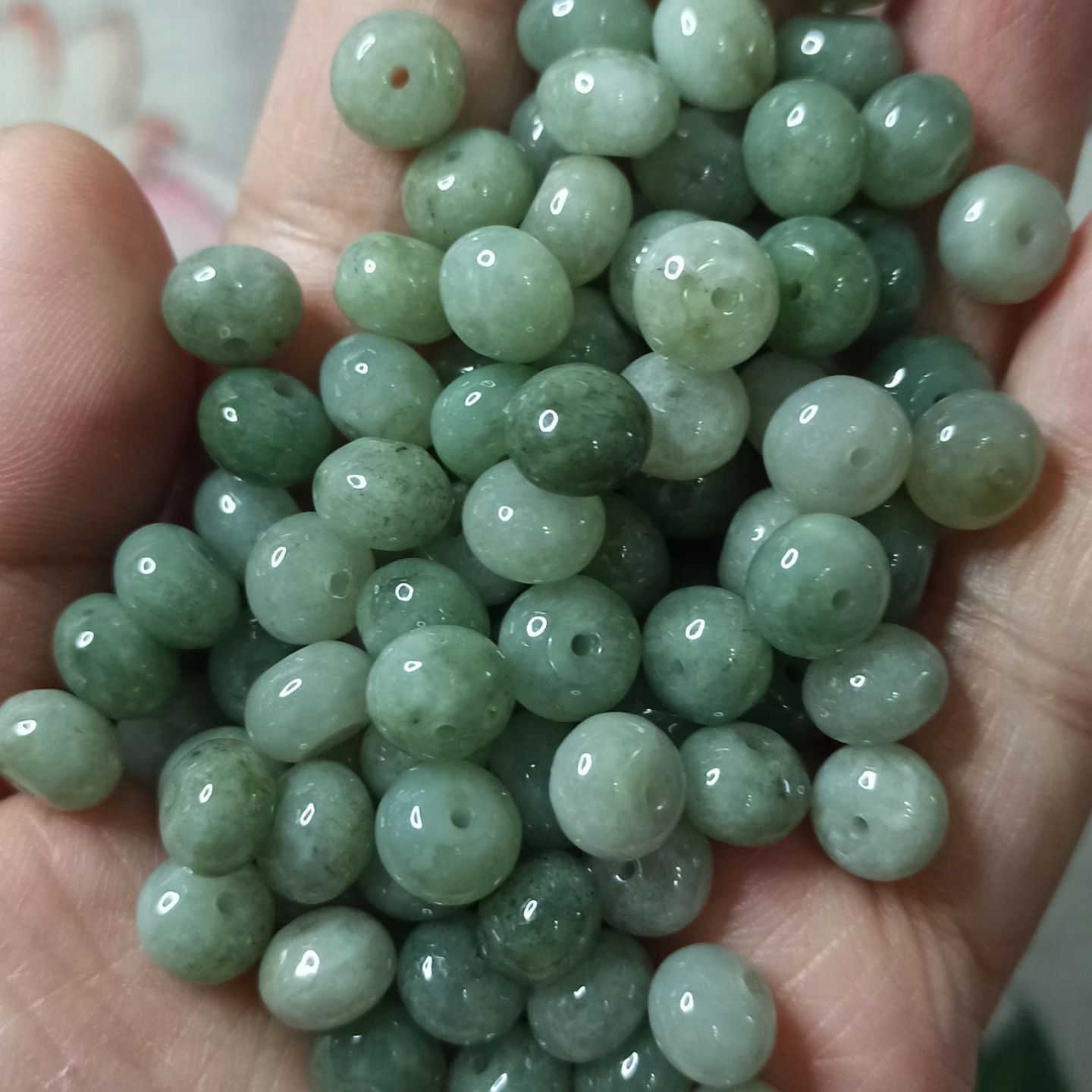 缅甸天然翡翠算盘珠卡8.5X5.8mm