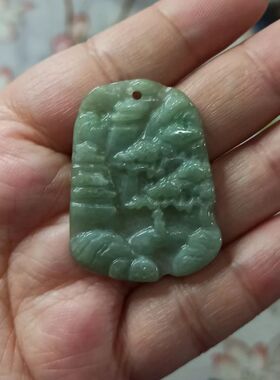 156缅甸天然翡翠吊坠山水牌挂件绿飘花卡39X29mm左右玉佩满48包邮