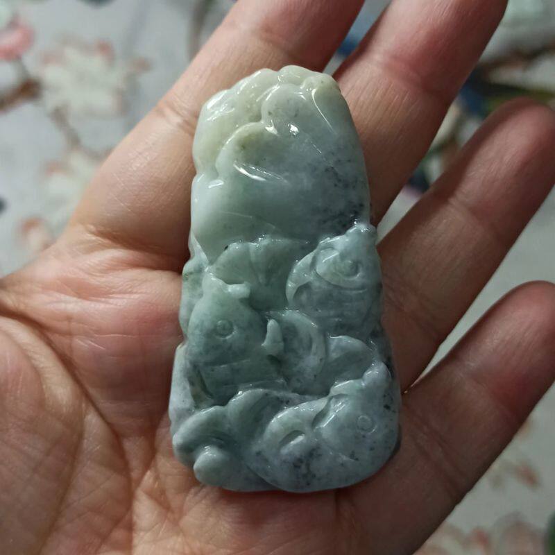 53天然翡翠吊坠飘花荷叶鸳鸯牌如意莲叶牌卡55X31mm左右满48包邮