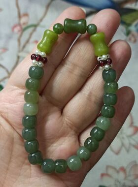 164天然和田玉碧玉手串多宝老型珠鼓珠手串卡8X6mm左右满48元包邮