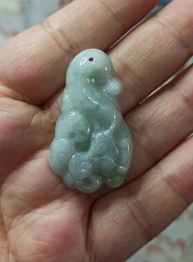 159缅甸天然翡翠吊坠雕刻件浅色翡九尾狐狸牌38X22mm左右48元包邮