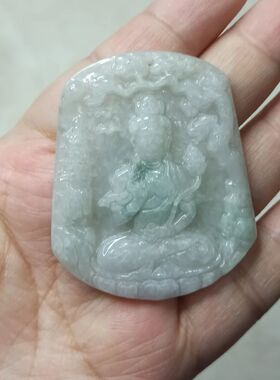 174缅甸天然翡翠吊坠山水观音牌子飘花卡51X42mm左右满48元包邮