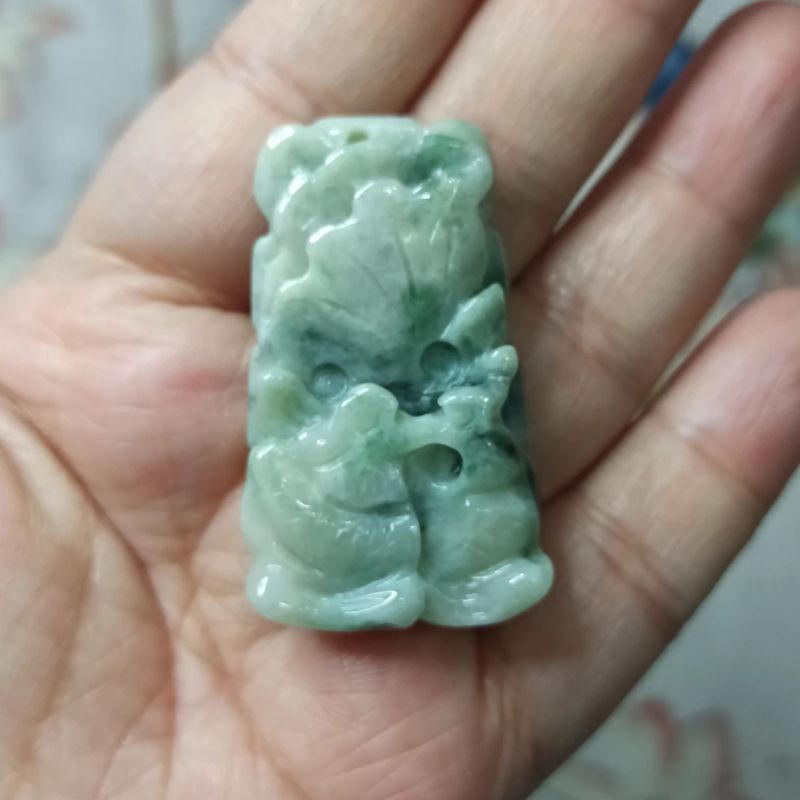 86天然翡翠吊坠飘花荷叶鸳鸯牌如意莲叶牌卡42X25mm左右满48包邮