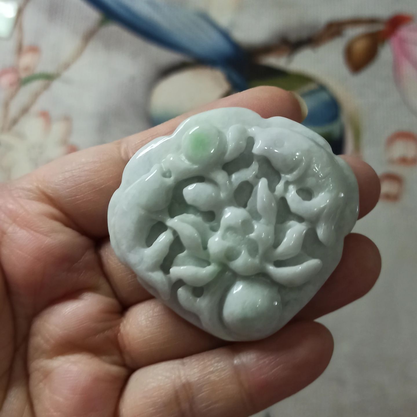 207缅甸天然翡翠雕刻仿古福牌挂牌双鱼牌兽牡丹牌卡51X47mm左右