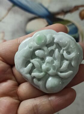 207缅甸天然翡翠雕刻仿古福牌挂牌双鱼牌兽牡丹牌卡51X47mm左右