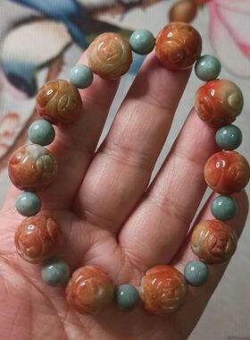 157缅甸天然翡翠烧红翡回纹珠手串卡14mm左右圆珠手链满48元包邮