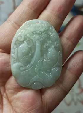 132天然翡翠吊坠绿底飘花鱼牌年年有鱼跃龙门卡47X35mm左右瑕疵