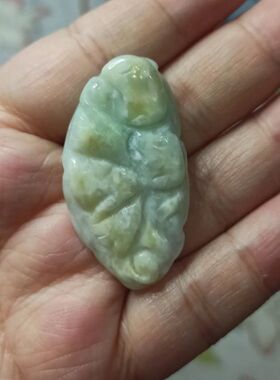 78缅甸天然翡翠吊坠雕刻件蝙蝠如意黄翡飘花卡42X24mm满48元包邮