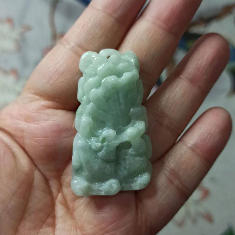 45天然翡翠吊坠飘花荷叶鸳鸯牌如意莲叶牌卡46X26mm左右满48包邮