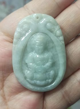 123缅甸天然翡翠吊坠淡绿底飘花观音牌子卡45X31mm左右满48元包邮