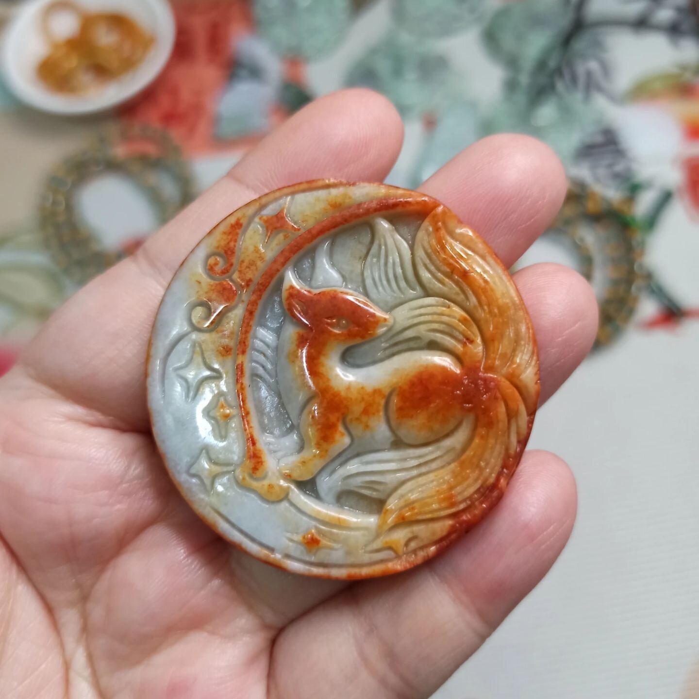 22缅甸天然翡翠吊坠如意福牌烧红翡狐狸牌卡46mm左右瑕疵满48包邮