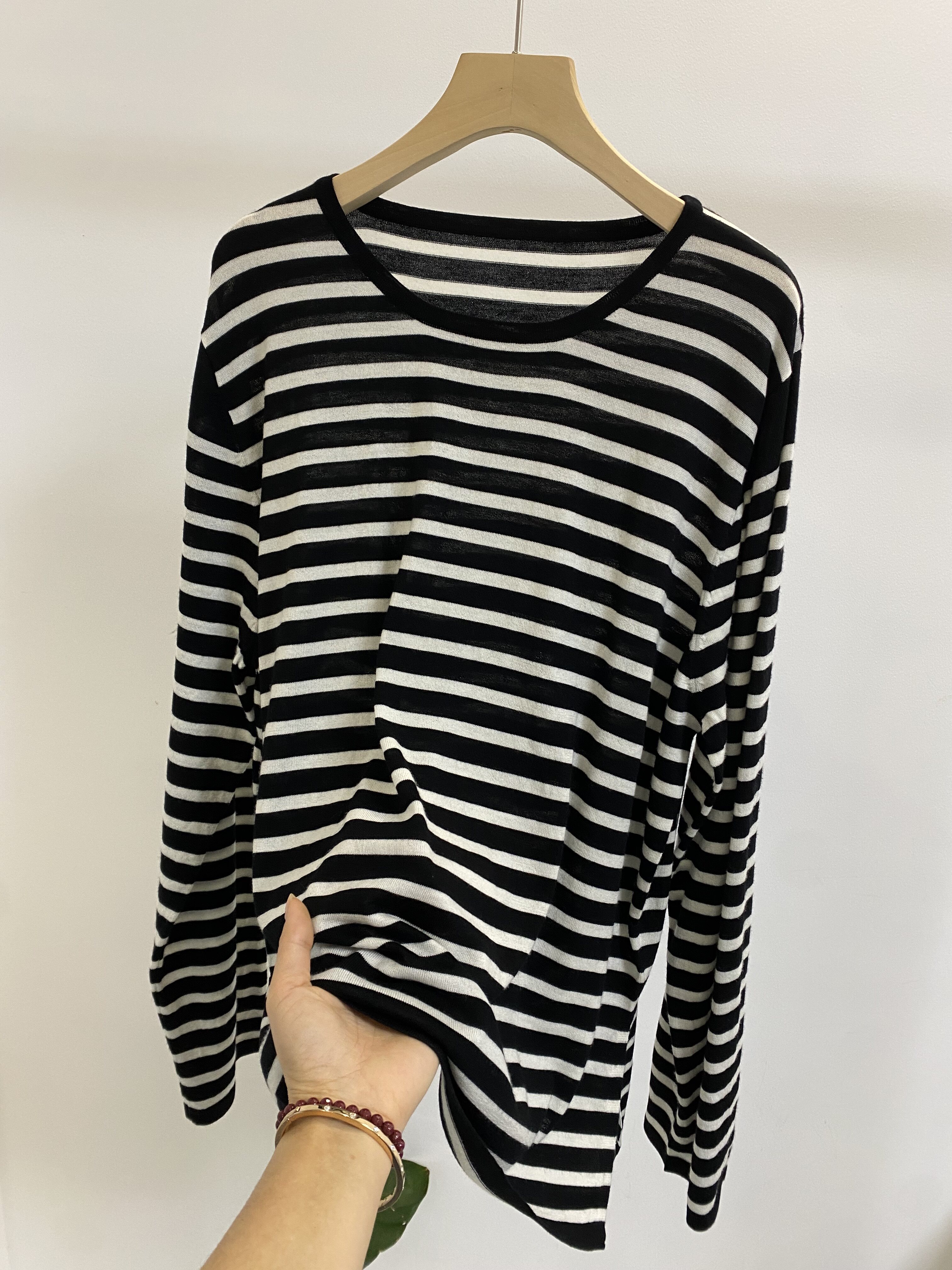 嫡系纱 北欧经典黑白条纹针织衫t慵懒宽松可机洗羊毛圆领针织衫女