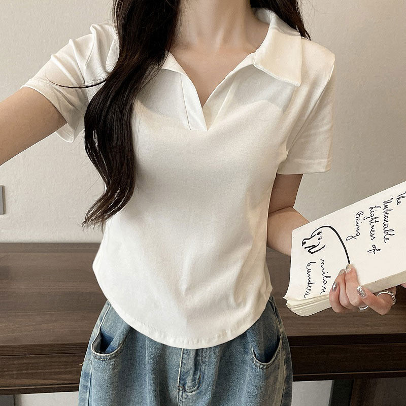白色纯棉polo衫独特别致正肩短袖t恤女夏装新款甜辣半袖短款上衣