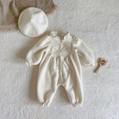 2023秋冬款 婴儿连体衣女宝宝蕾丝花哈衣包屁衣 加厚柔软双面绒长款