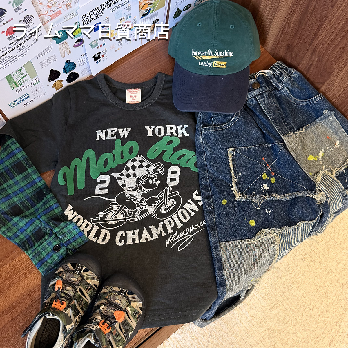 日系DD男童美式复古假两件格子T