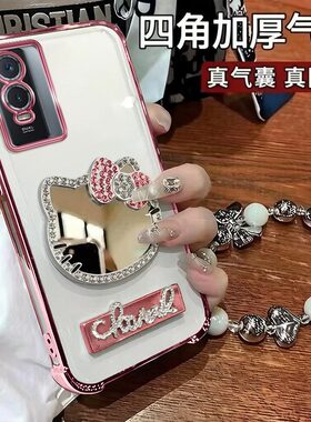 适用VIVOY76S手机壳新款水钻KT猫镜子VIVO电镀四角防摔支架气囊VIVOY74S女款硅胶全包保护套