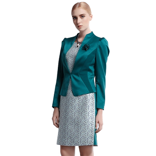 晶娜女装秋装新款短款长袖小西装女外套秋时尚深绿色修身小外套