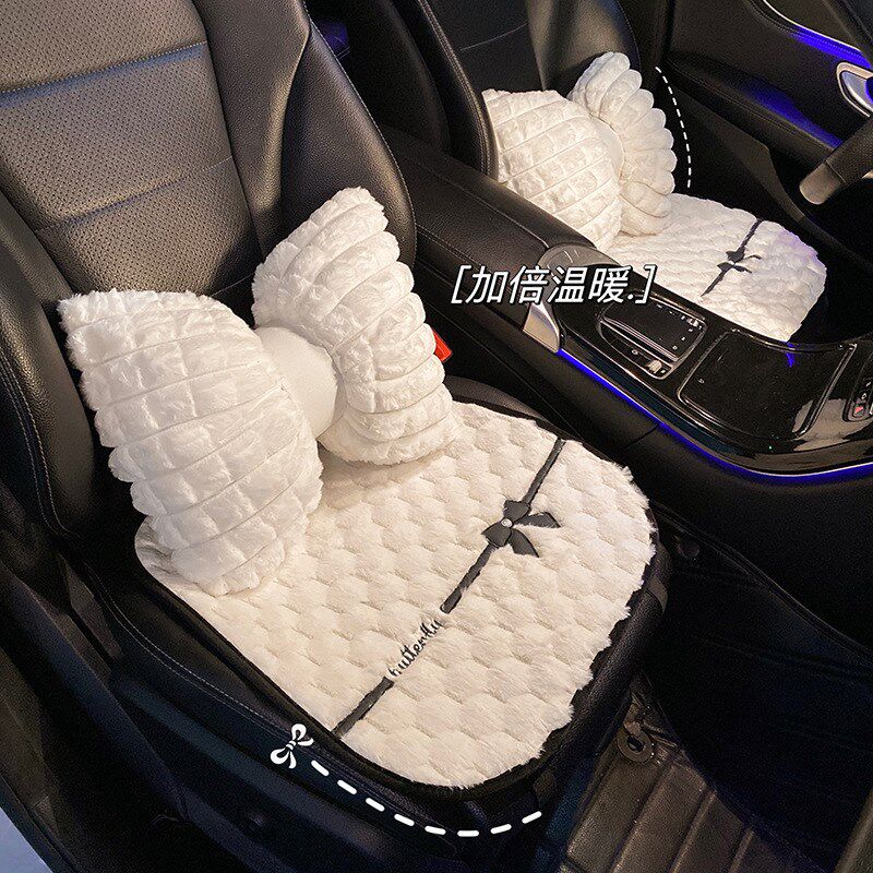 汽车坐垫季毛绒蝴蝶结高级感女车内座垫单片冬天座椅加热垫子