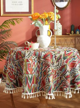 圆桌布美式黄色提花向日葵油画餐桌布古典雅家用防尘台布艺