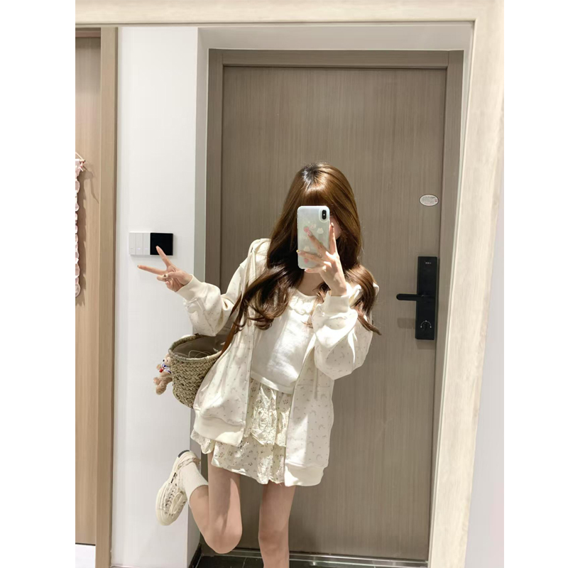 碎花连帽运动衫女春秋oversize薄款外套港味chic宽松慵懒开 衫上