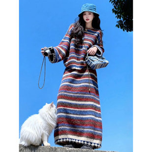 巨好看深秋冬装 搭配一整套小香风撞色条纹毛衣针织半身裙两件套装