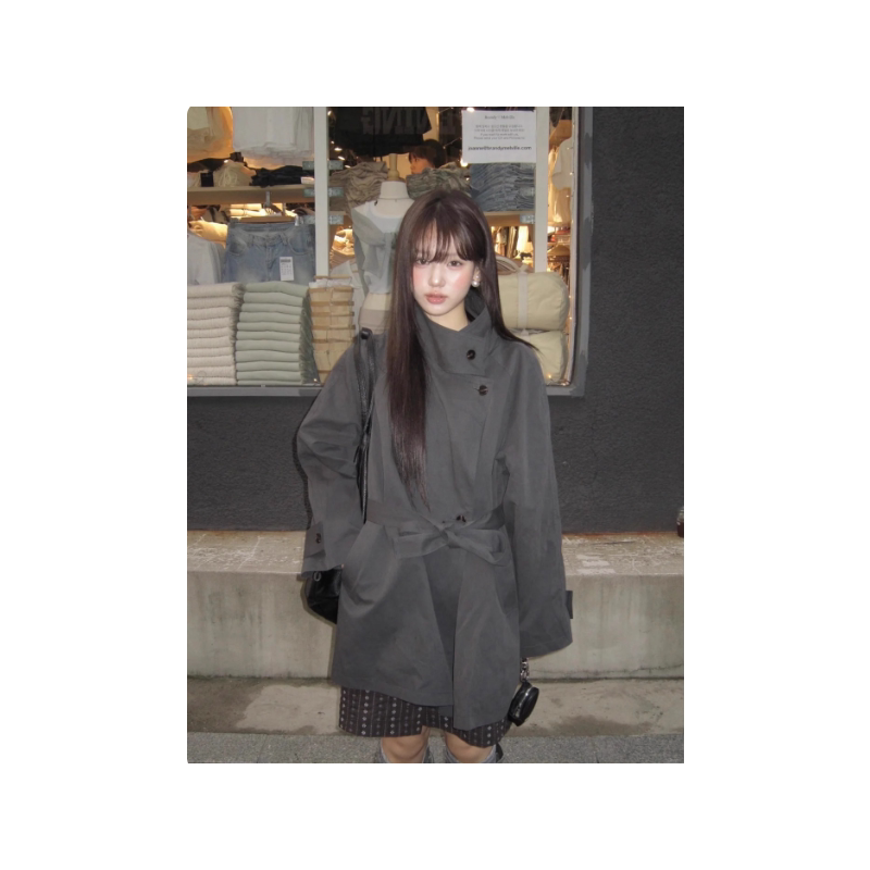 高级感灰色立领系带收腰风衣女秋冬英伦风中长款韩系气质大衣外套