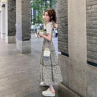 新款 小個子海邊度假顯瘦過膝長裙子 碎花連衣裙女2025夏季 白色法式