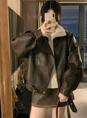 实拍 港风复古黑色羊羔毛绒皮衣外套女冬季2025新酷飒风加厚棉服