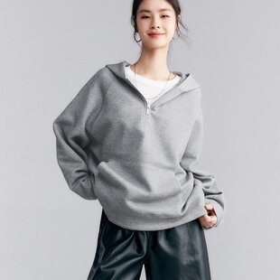 初棉灰色半拉链卫衣女 美式复古空气层上衣 秋季bf风连帽宽松外套