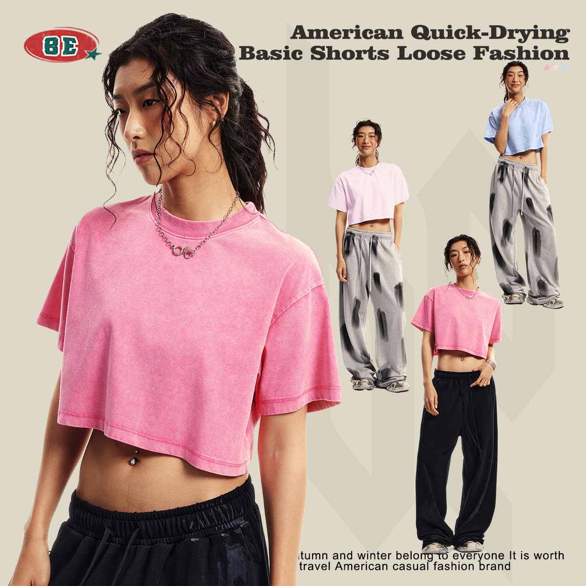 Women Crop Top 女装2026春夏潮牌圆领露脐辣妹宽松短款运动T恤