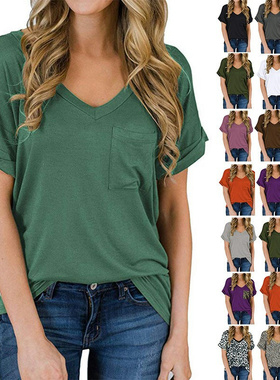2021 spring / summer V-neck pocket T-shirt short sleeve top