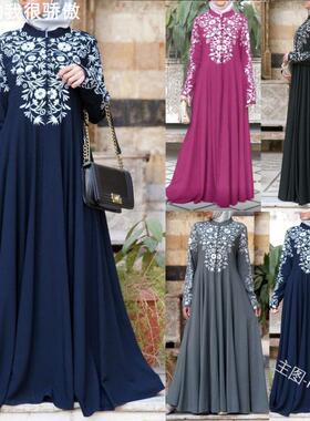 Dress women's long sleeved printed  skirt印花立领大摆长裙