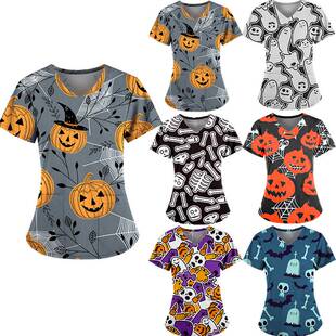 Halloween V-neck short sleeved nurse top T-shirt万圣节T恤