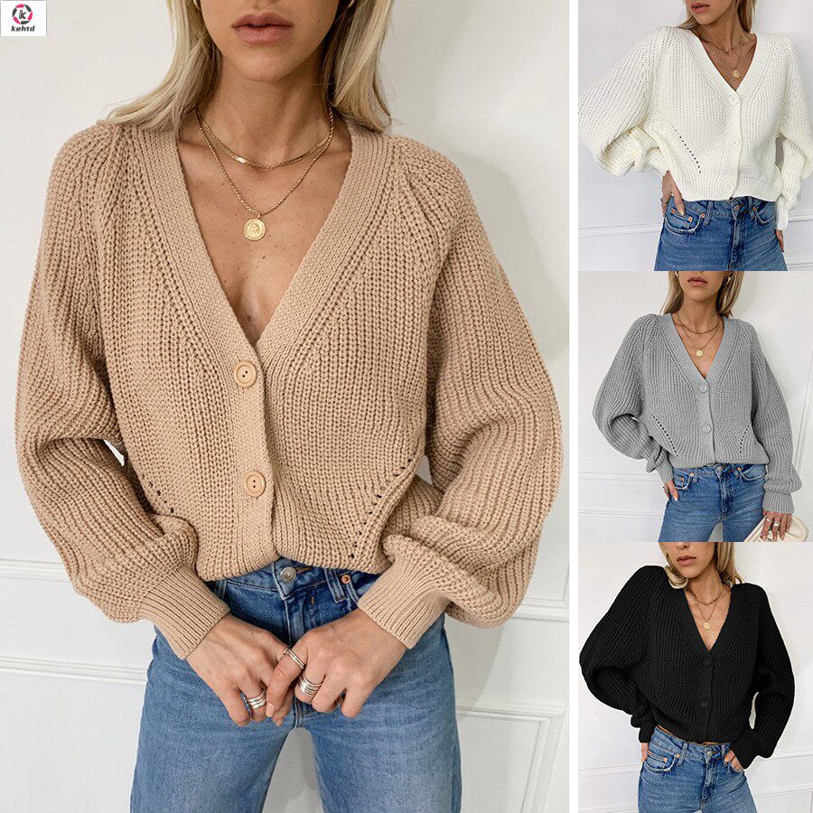 autumn winter sweater women cardigan solid color v-neck