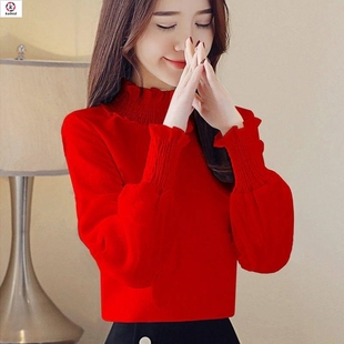 女春秋装 时尚 新款 宽松百搭半高领加绒上衣打底小衫 T体恤 韩版 衬衫