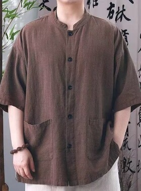 Chinese stand collar shirt中式立领短袖男复古宽松国风休闲衬衣
