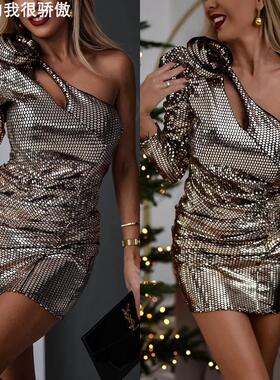 New Christmas hot stamping diagonal shoulder dress聚会连衣裙