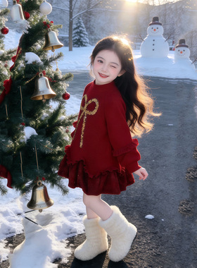 Girls' red New Year's dress with sequins and a hoodie dress