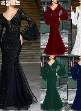 Dress lace black slim evening gown蕾丝刺绣鱼尾黑色修身晚礼服