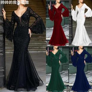 Dress lace black slim evening gown蕾丝刺绣鱼尾黑色修身晚礼服