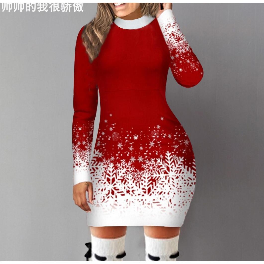Christmas printed long sleeved dress A skirt圣诞印花连衣裙